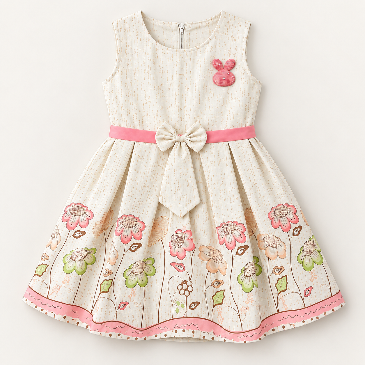 Ivory sleeveless girls dress with pink bunny applique, waist bow and floral border hem