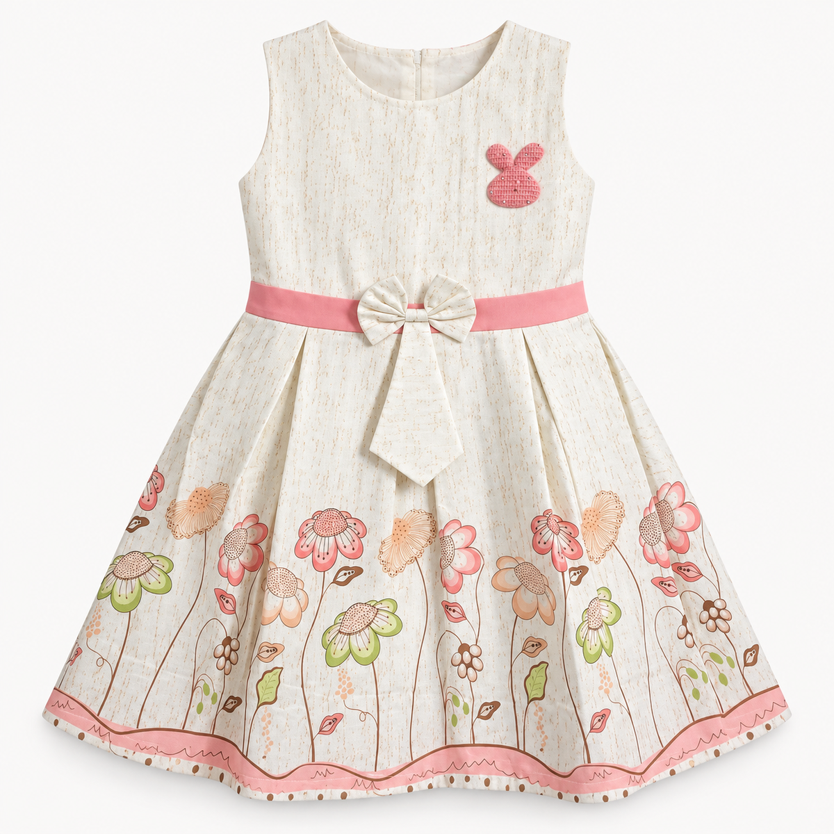 Front view of ivory sleeveless girls dress with pink bunny applique, waist bow and floral border hem