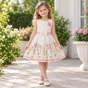 Girl wearing ivory floral border dress with pink bunny applique and waist bow in a garden setting