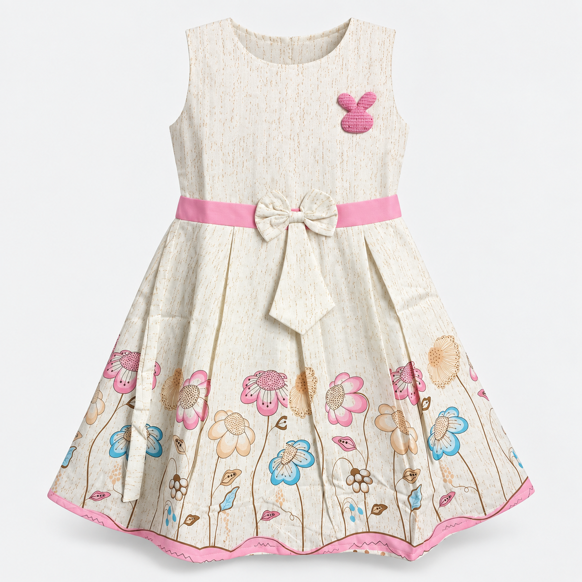 Front view of ivory sleeveless girls dress with pink bunny applique, waist bow and floral border hem