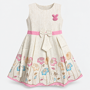 Front view of ivory sleeveless girls dress with pink bunny applique, waist bow and floral border hem