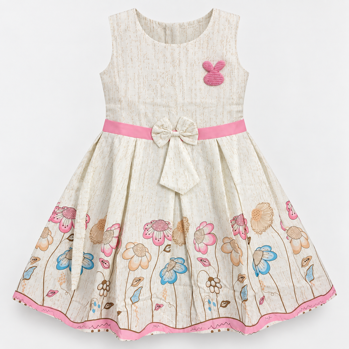 Front studio view of Inaabia ivory floral bunny girls dress with pink waist sash and bow