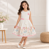 Girl modeling Inaabia ivory floral bunny girls dress with pink waist sash and floral border