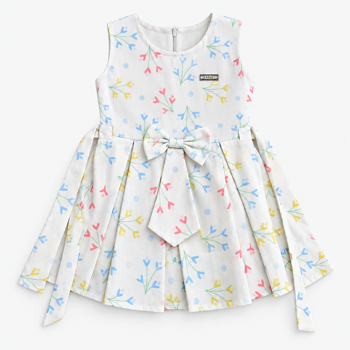 Ivory girls dress with pastel sprig print, sleeveless bodice and front bow waist detail