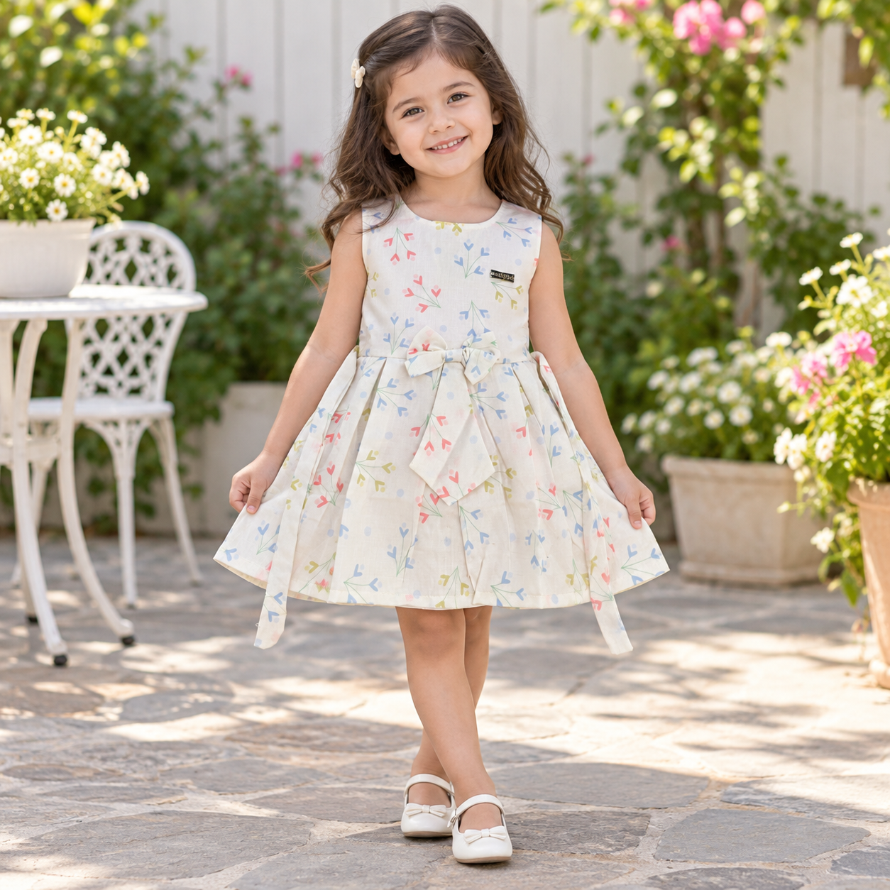 Young girl wearing ivory pastel sprig print dress with bow waist detail in a garden
