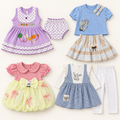 Complete seven-piece baby girls outfit combo in lilac, blue and pink lemon, size 12–18 months