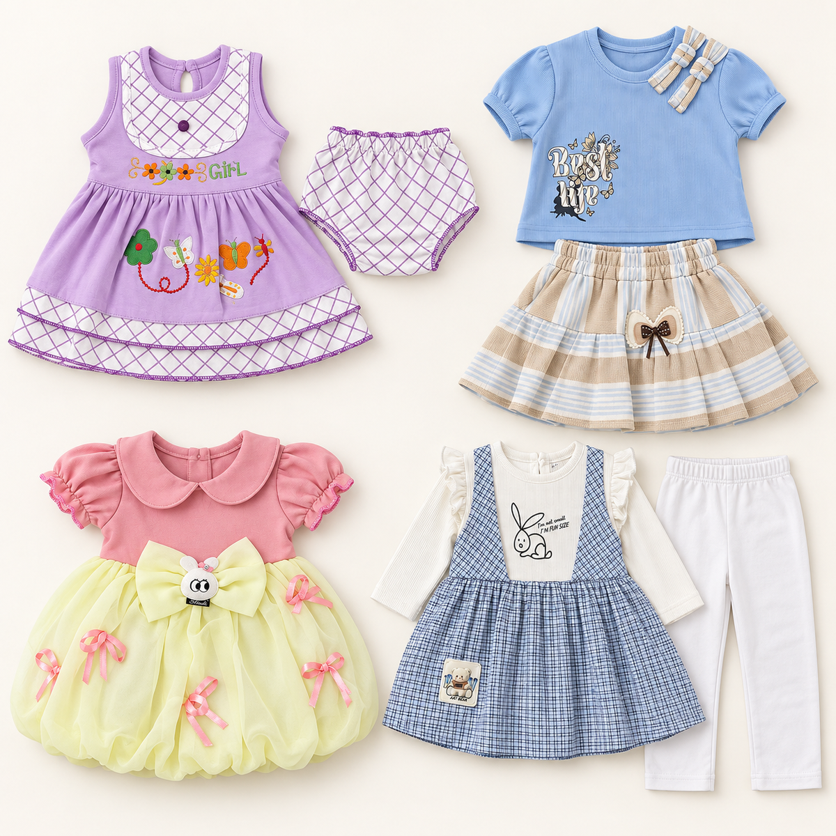 Complete seven-piece baby girls outfit combo in lilac, blue and pink lemon, size 12–18 months