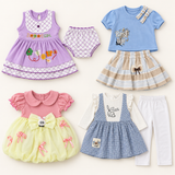 Complete seven-piece baby girls outfit combo in lilac, blue and pink lemon, size 12–18 months