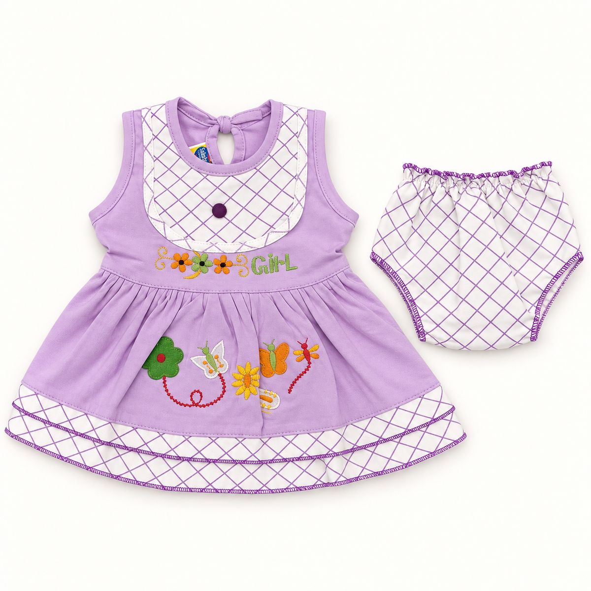 Lilac embroidered dress with matching diamond-grid bloomers