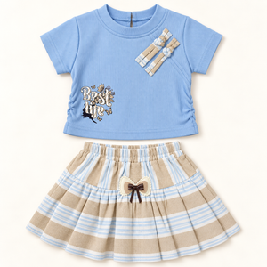 Powder blue Best life top and striped skirt