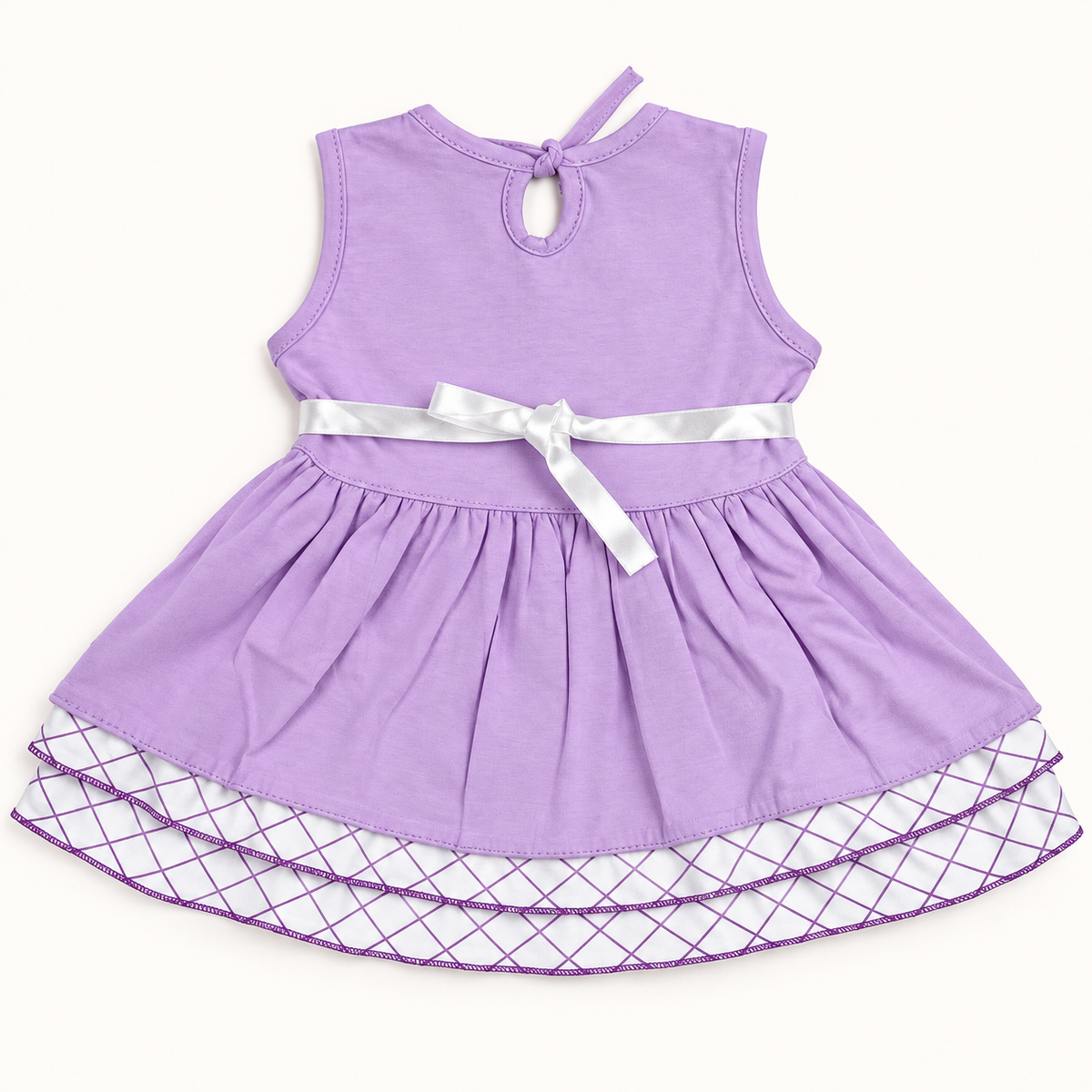 Back of lilac dress with satin waist ribbon