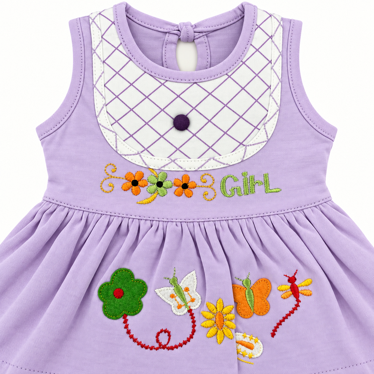 Lilac dress embroidery and diamond-grid bib detail