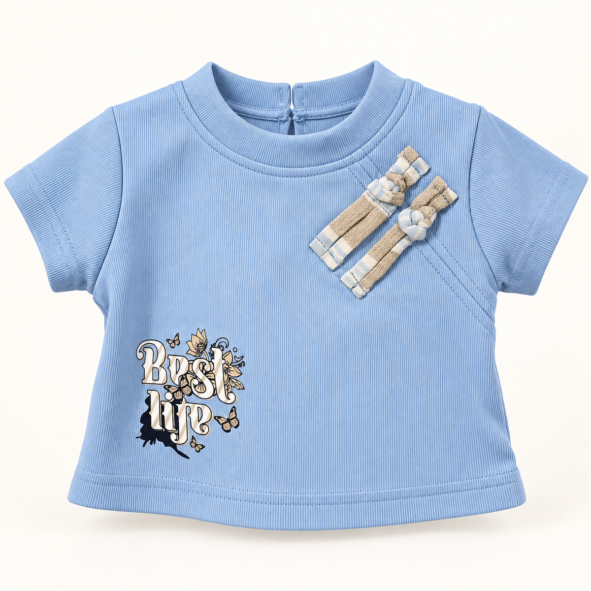Blue top graphic and shoulder trim detail