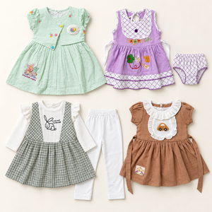 Baby girls four-outfit combo with mint dress, lilac dress and briefs, checked bunny tunic and trousers, and brown car dress, 12–18 months