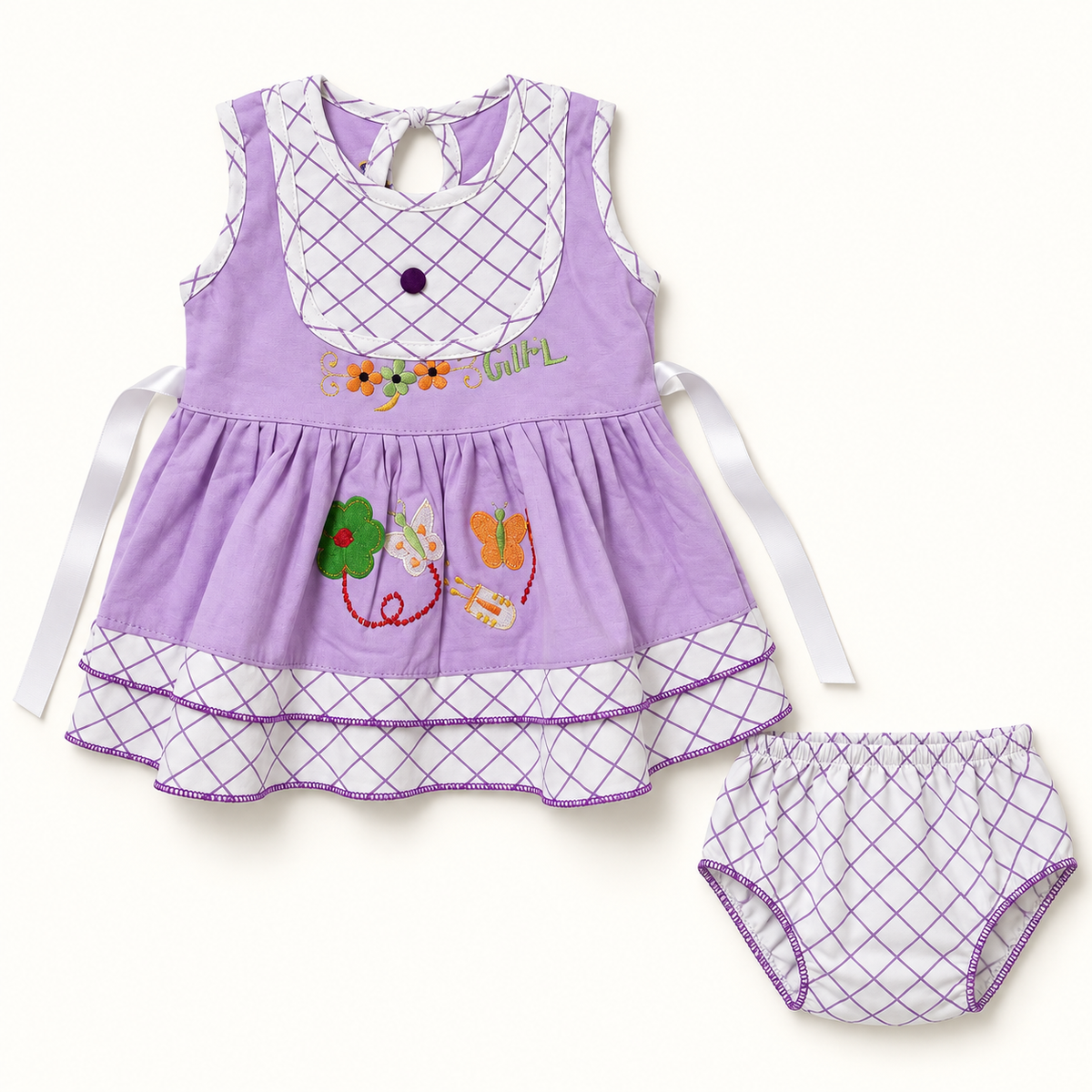 Lilac embroidered sleeveless dress with matching lattice-print briefs