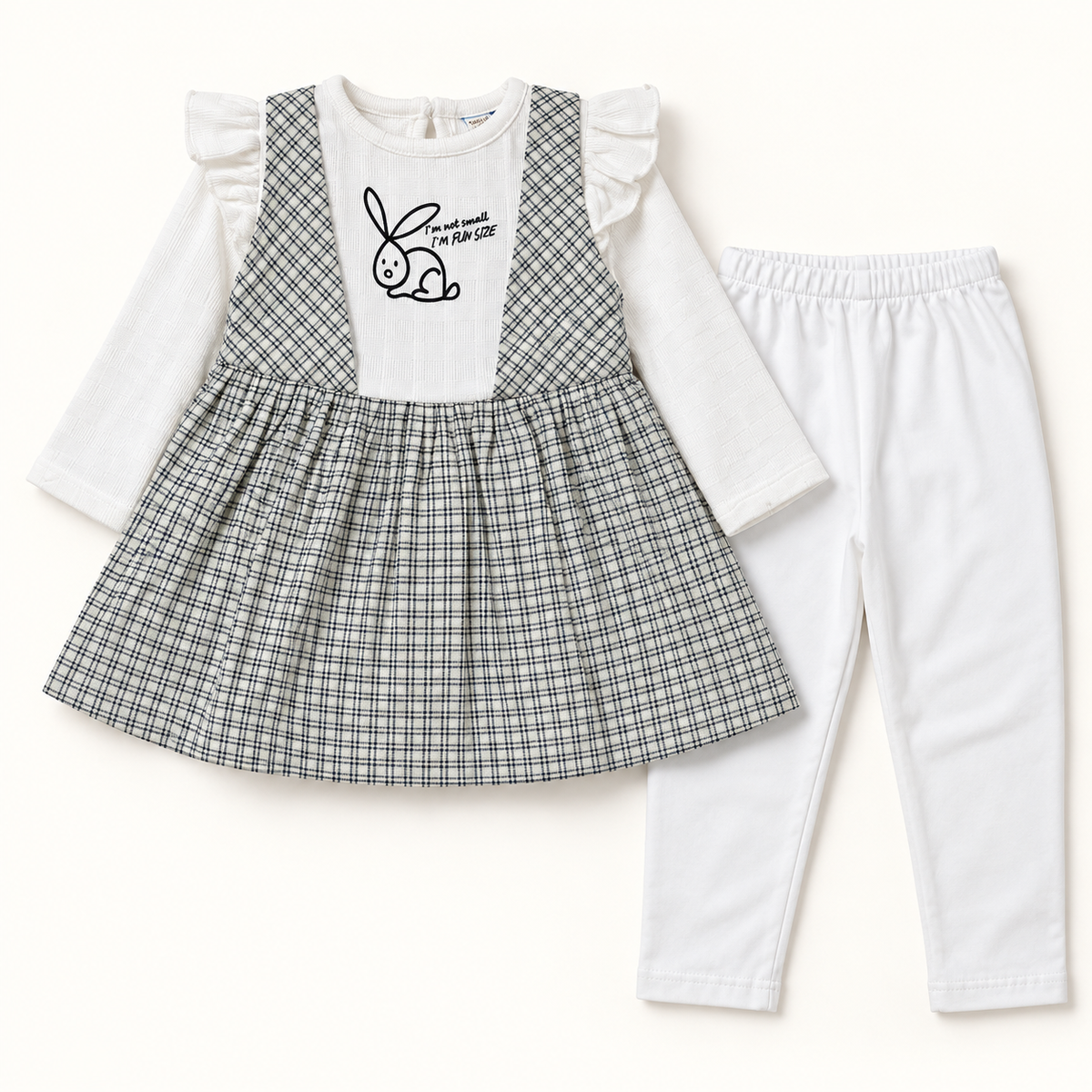 Fine dark checked bunny tunic with long white sleeves and white trousers