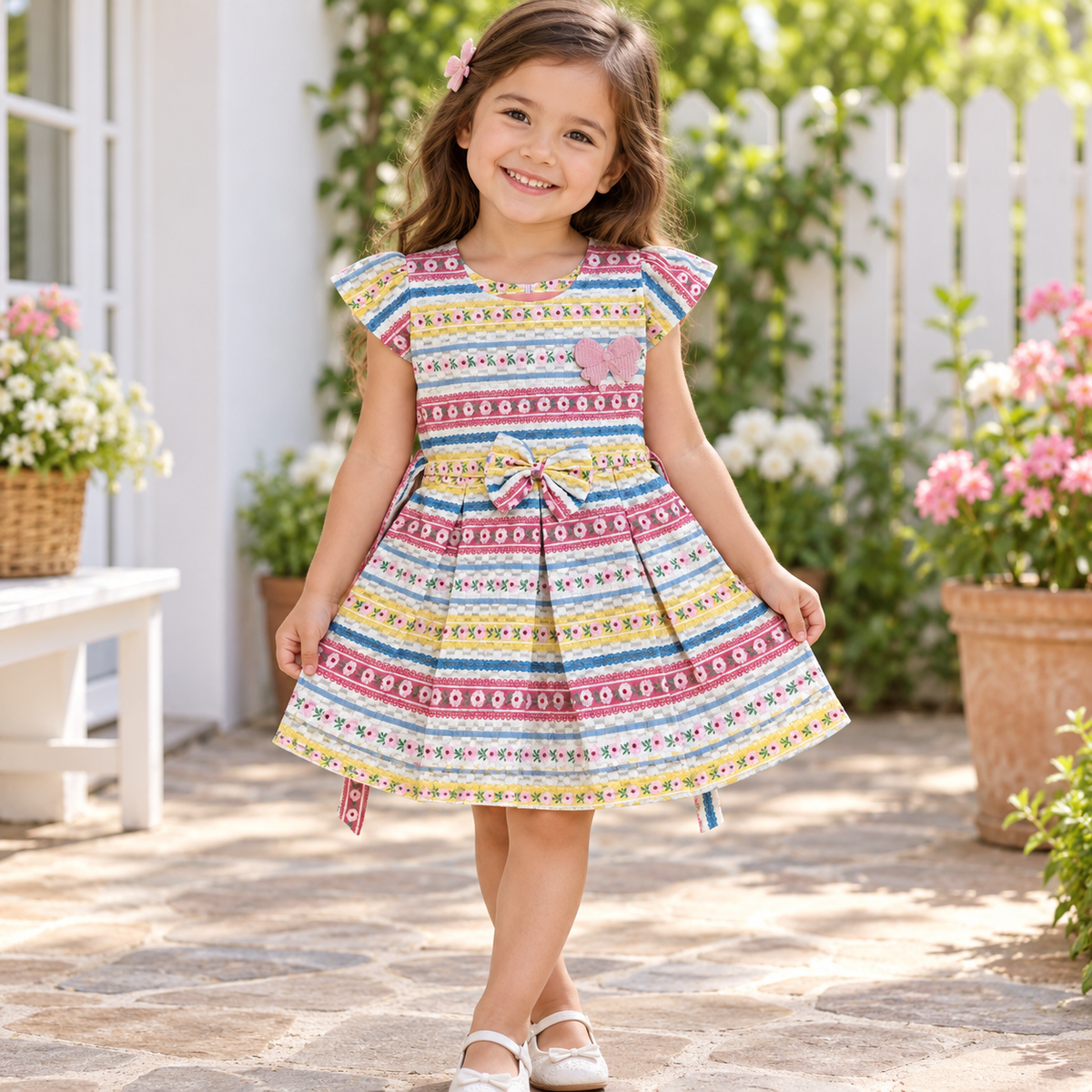Young girl wearing multicolor striped floral dress with butterfly applique and waist bow