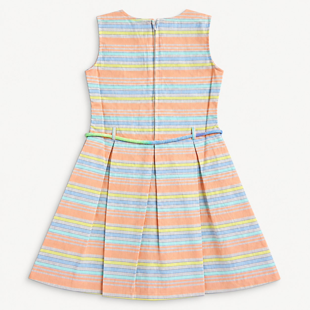 Back view of pastel striped sleeveless girls dress with back zipper, pleated skirt and multicolor belt
