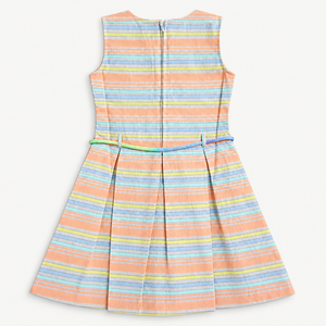 Back view of pastel striped sleeveless girls dress with back zipper, pleated skirt and multicolor belt
