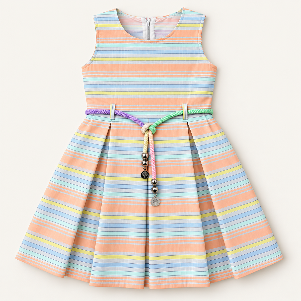 Pastel striped sleeveless girls dress with pleated skirt and multicolor charm belt