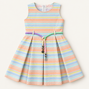 Pastel striped sleeveless girls dress with pleated skirt and multicolor charm belt
