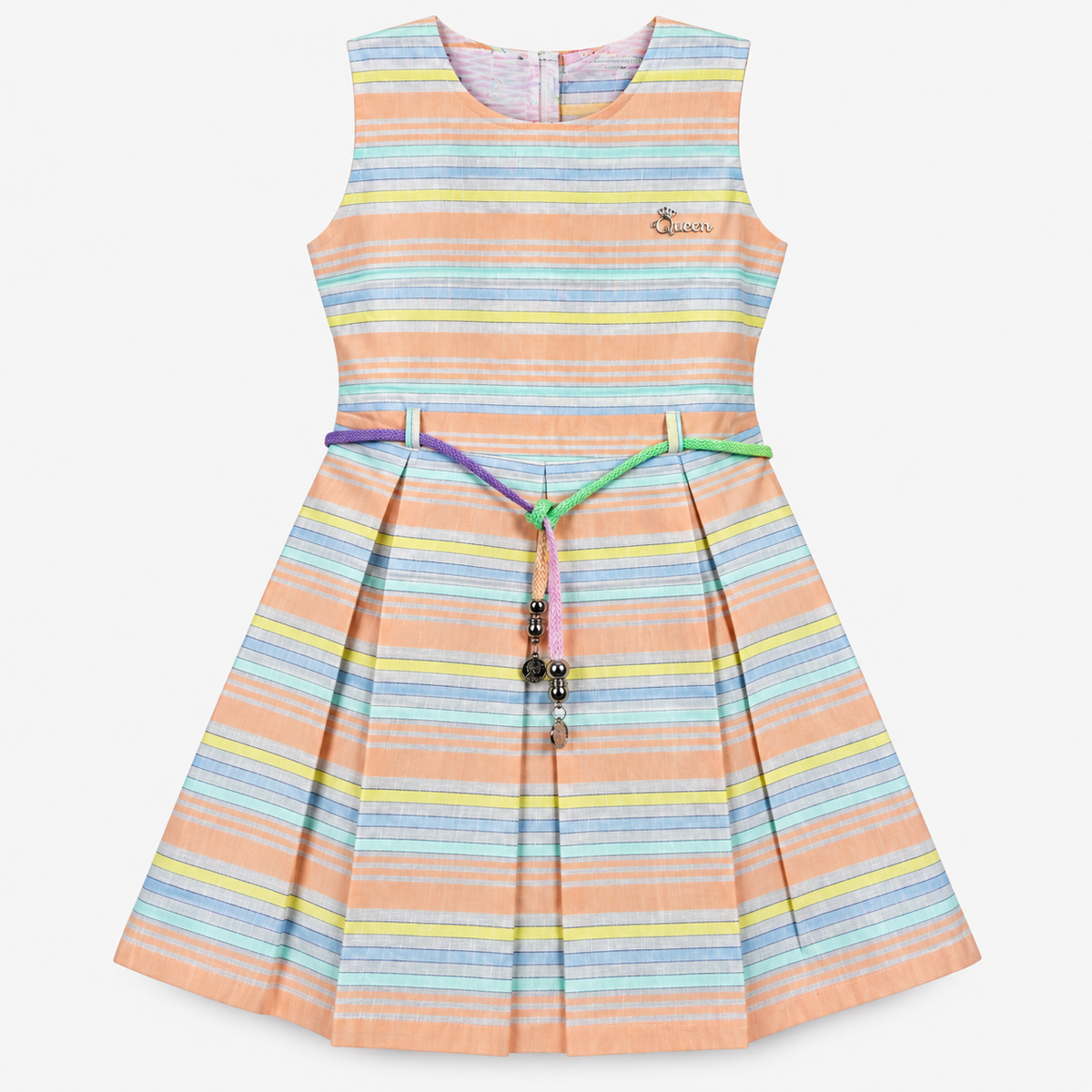 Front view of pastel striped sleeveless girls dress with Queen chest detail and multicolor charm belt