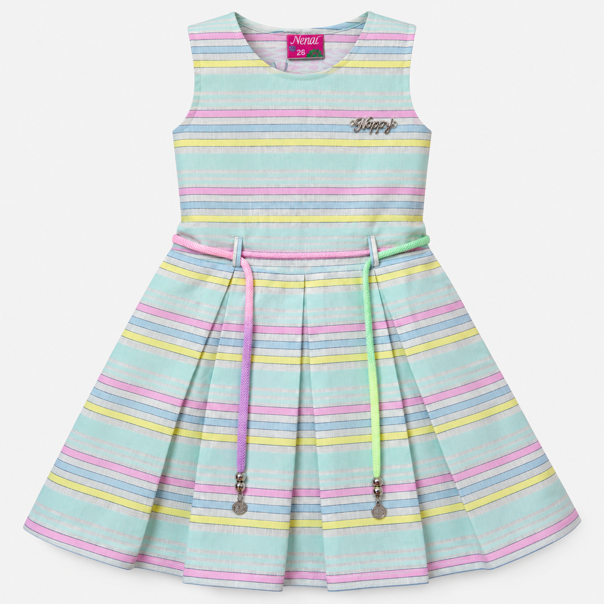 Front studio view of Inaabia pastel striped sleeveless girls dress with cord belt and charm ends