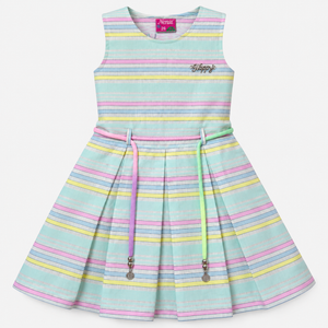 Front studio view of Inaabia pastel striped sleeveless girls dress with cord belt and charm ends