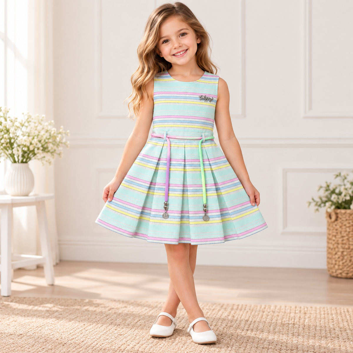 Girl modeling Inaabia pastel striped sleeveless dress with multicolor cord belt