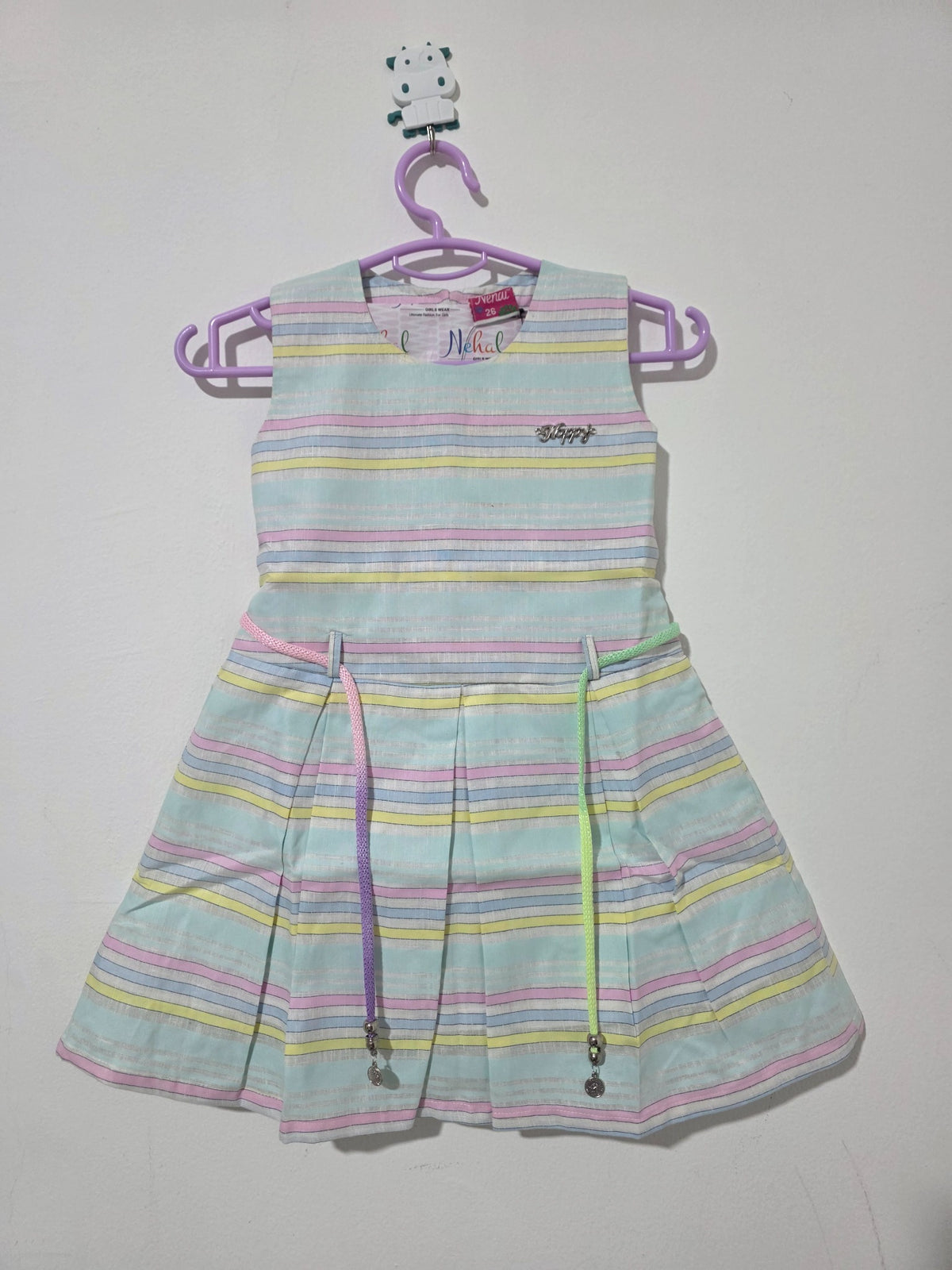 Original front view of pastel striped sleeveless girls dress with multicolor cord belt