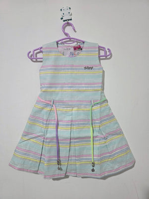 Original front view of pastel striped sleeveless girls dress with multicolor cord belt