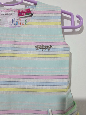 Original close-up of pastel striped girls dress showing metallic Happy chest embellishment and stripe colors