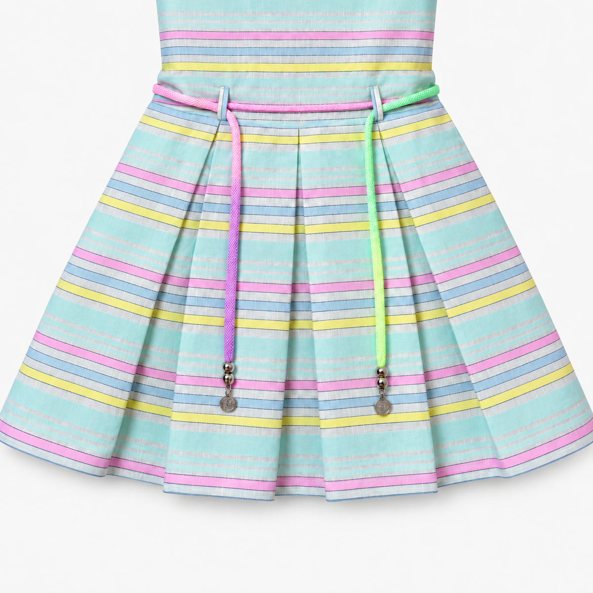 Close-up of Inaabia pastel striped girls dress pleated skirt and multicolor cord belt