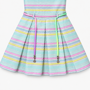 Close-up of Inaabia pastel striped girls dress pleated skirt and multicolor cord belt