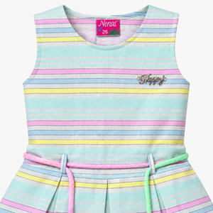 Detail view of Inaabia pastel striped girls dress showing waistband, belt loops and cord belt