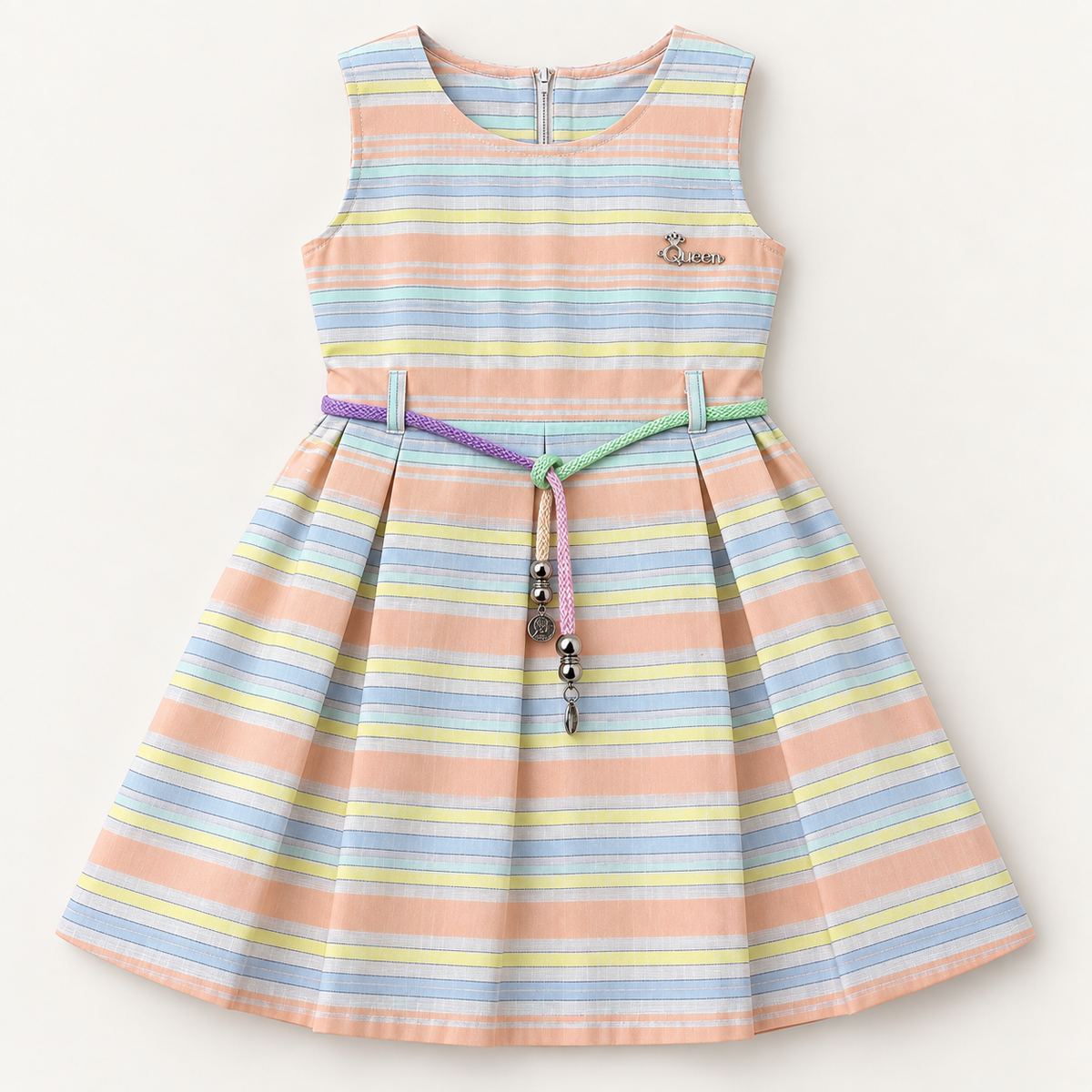 Pastel striped girls dress with metallic Queen chest detail, pleated skirt and multicolor charm belt