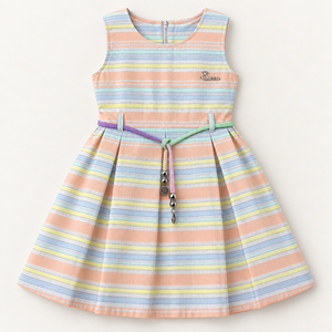 Pastel striped girls dress with metallic Queen chest detail, pleated skirt and multicolor charm belt