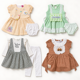 Baby girls four-outfit combo: peach dress and briefs, green polka-dot dress and briefs, checked bunny tunic and trousers, brown car dress