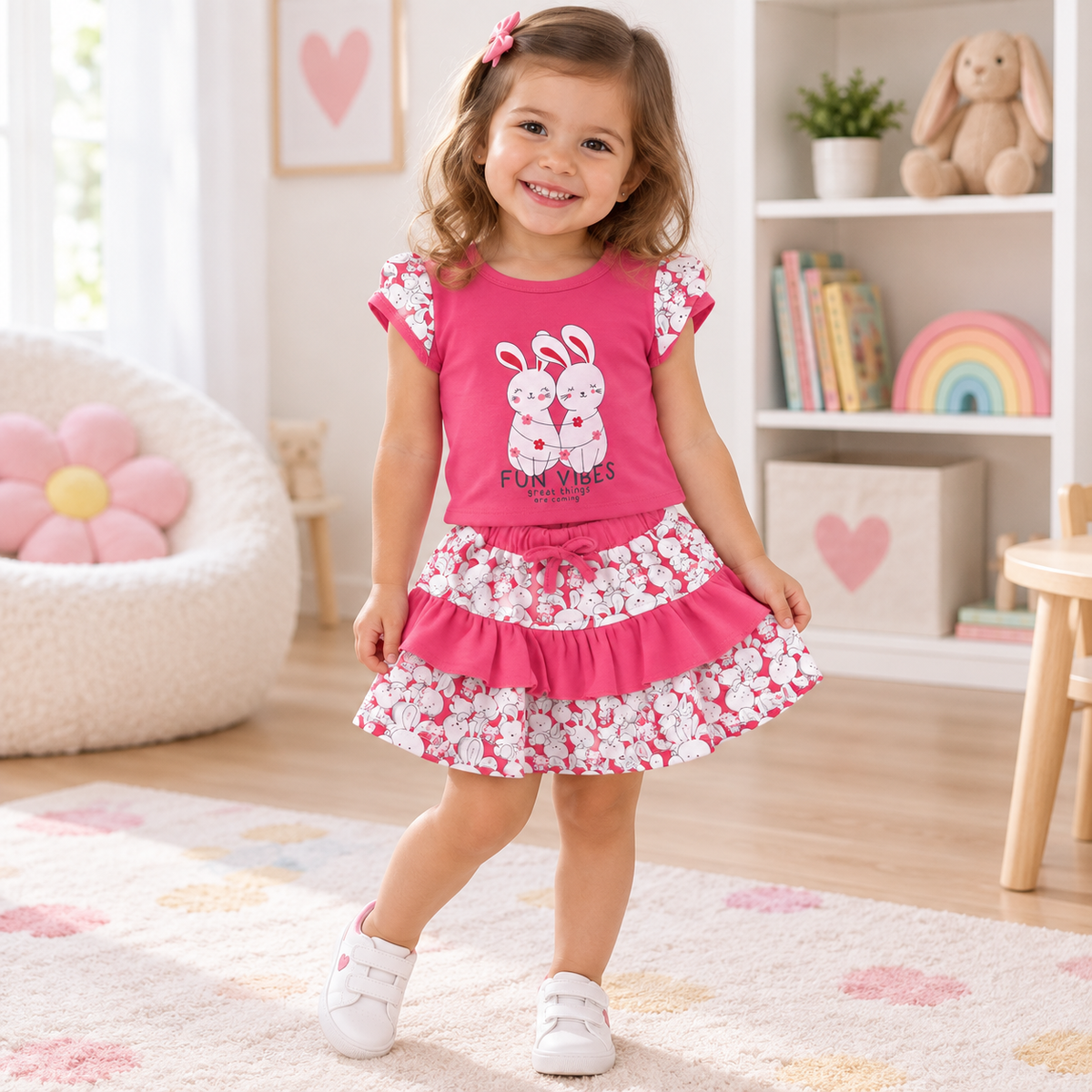 Lifestyle image of pink bunny top and skirt combo outfit for girls 2 to 3 years