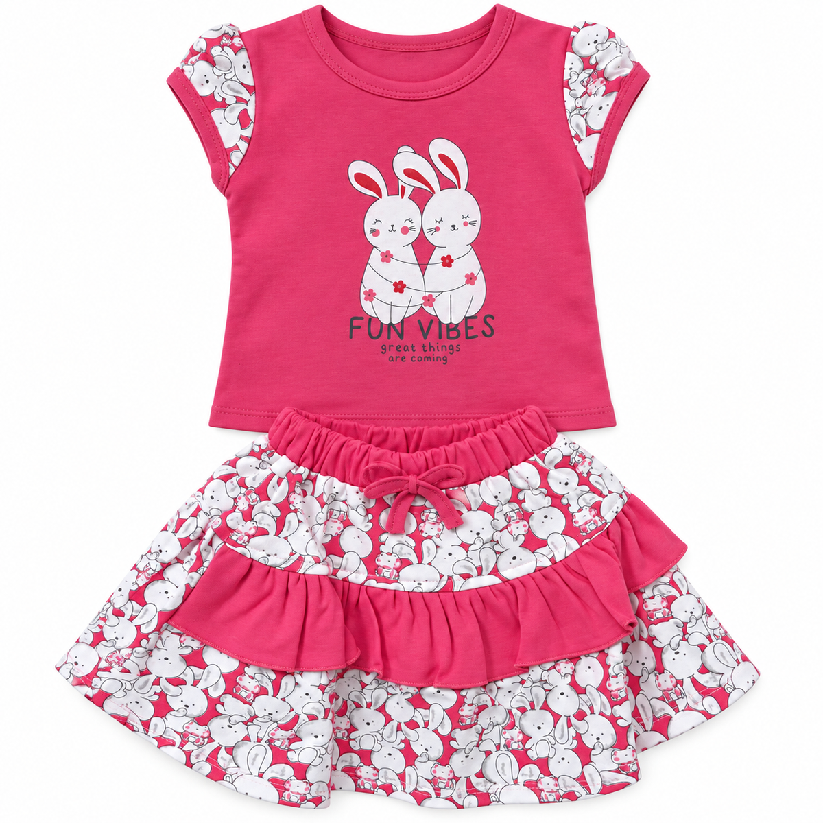 Pink bunny top and matching skirt outfit from Inaabia 4 dress combo set for girls 2 to 3 years