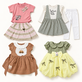 Baby girls four-outfit combo with pink striped skirt set, checked bunny tunic and trousers, brown car dress and lemon olive bow dress
