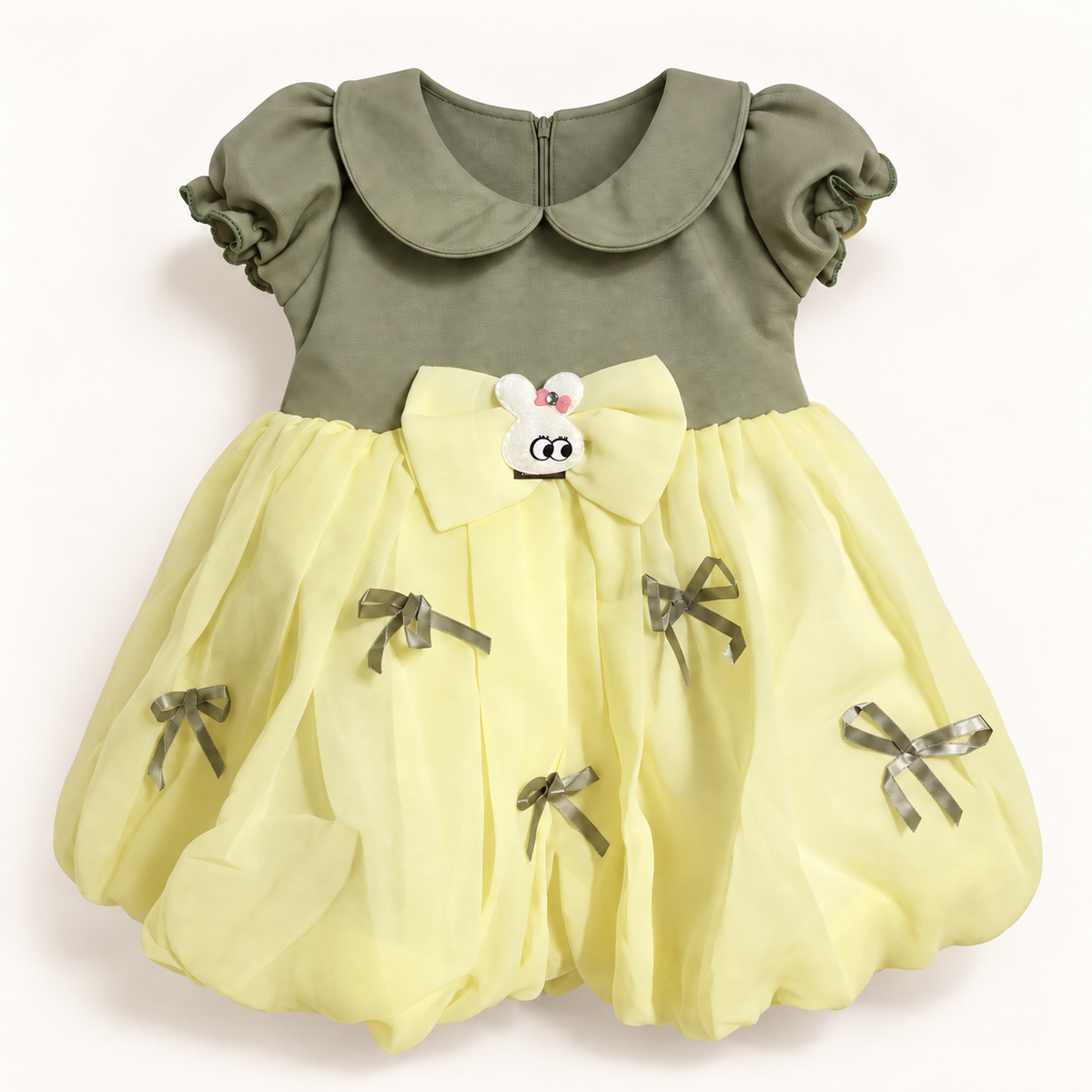 Olive and lemon-yellow puff-sleeve dress with bunny waist bow