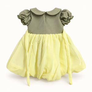 Back of olive and lemon-yellow dress with waist ties