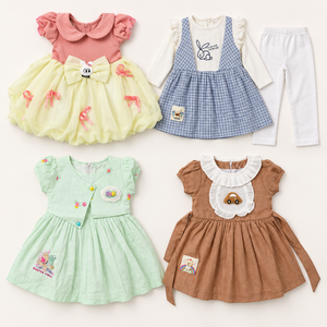 Four-outfit baby girls combo with pink lemon dress, blue checked bunny tunic and white trousers, mint dress and brown car dress