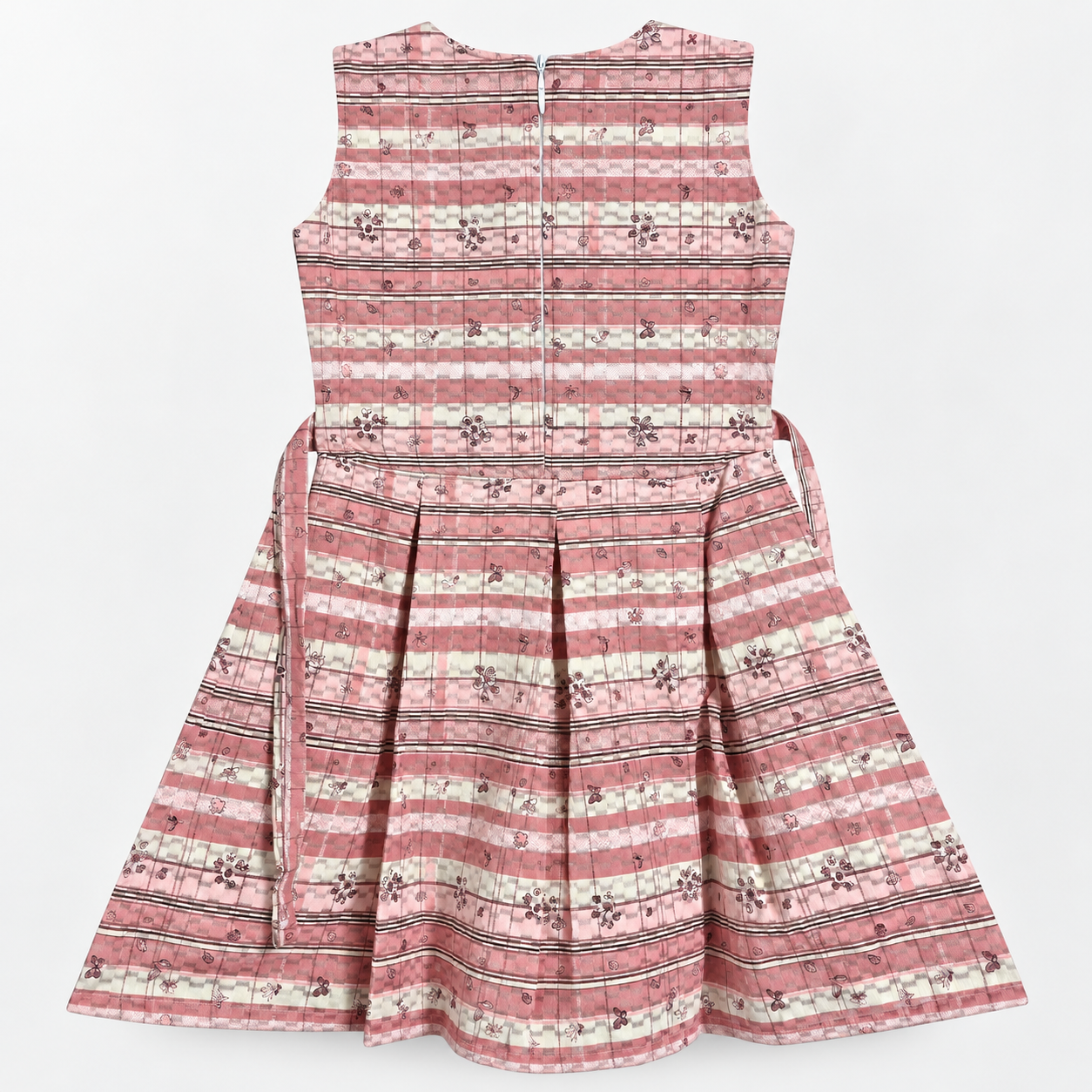 Back view of pink plaid sleeveless girls dress with centered zipper, tiny floral motifs and pleated skirt