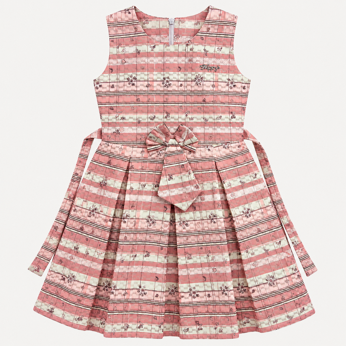 Front view of pink plaid sleeveless girls dress with tiny floral motifs, Happy chest detail and waist bow