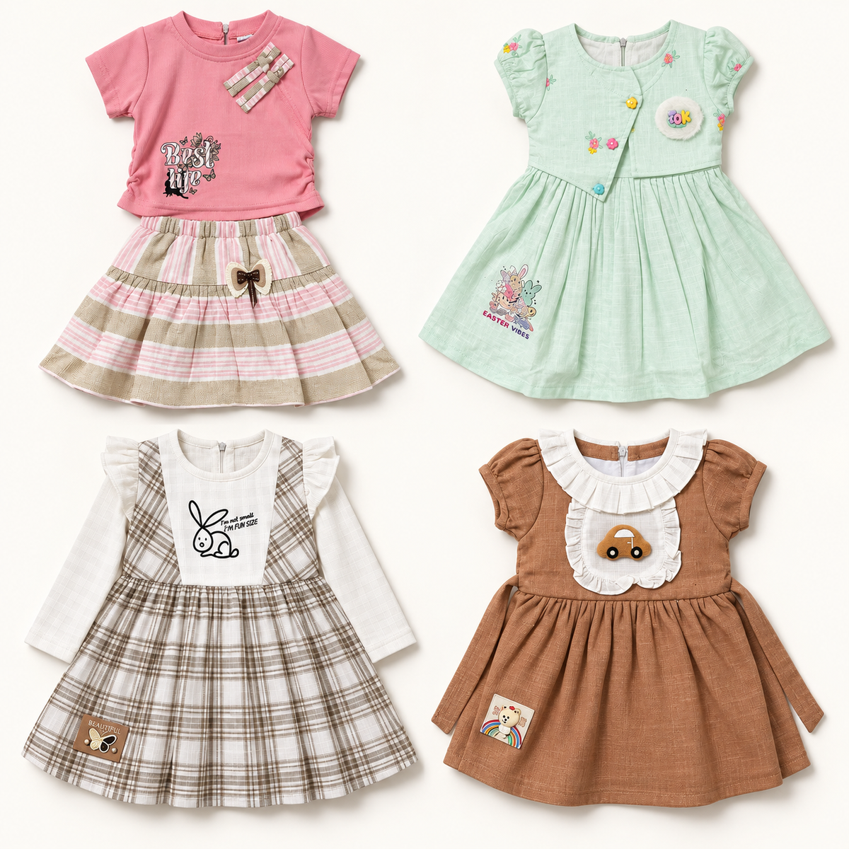 Complete baby girls four-outfit five-piece combo in pink, mint and taupe checks