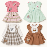 Complete baby girls four-outfit five-piece combo in pink, mint and taupe checks