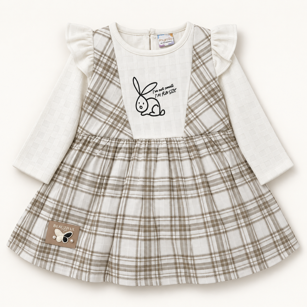 Taupe checked bunny dress with long white sleeves