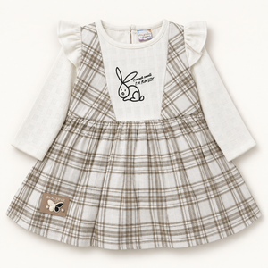 Taupe checked bunny dress with long white sleeves